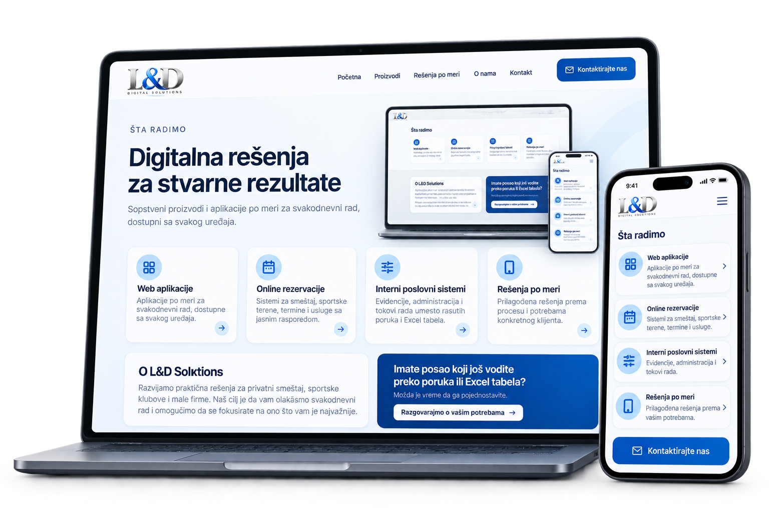 L&D Solutions sajt prikazan na laptopu i telefonu